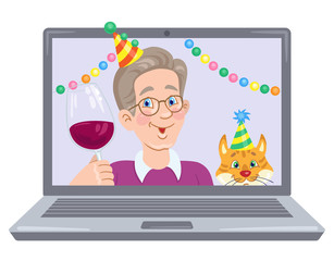 Happy birthday! Funny young man with a glass of red wine in hand on a laptop screen. Video chat online. Internet communication during quarantine. In cartoon style. Vector flat illustration.