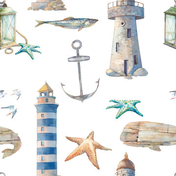 Watercolor nautical wallpaper. Vintage coastal seamless pattern with lighthouse