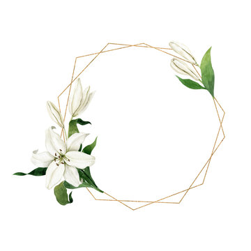 Watercolor white lilies with thin round golden geometric frame isolated on white background. Hand drawn clipart for wedding invitations, greeting cards, birthday invitations.