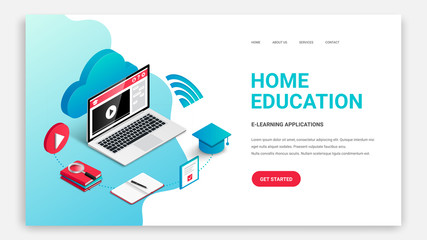 Home education, Learn Online, isometric landing page web design template. 3d laptop and education process concept. Distance training course, video webinar, online school vector illustration