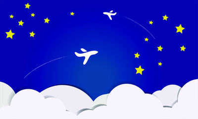 Plane in night sky, blue sky, stars and clouds. Flying planes. 