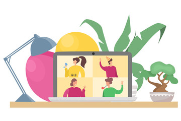 Flat vector illustration. Birthday party online. Friends talk to each other on a video call. Conference on a laptop. Quarantine, self-isolation during a pandemic.