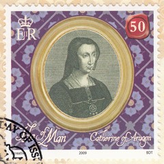 Catherine of Aragon-first wife of king Henry VIII Tudor of England, stamp Isle of Man circa 2009