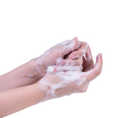 Fototapeta premium Washing hand step instruction isolated on white background. Asian young woman using liquid soap, concept of protecting pandemic coronavirus, close up.