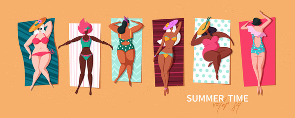 Set of youn wamen lying on the sand beach on towels sunbathing and relaxing. Various pretty girls african and plus size in bikini and swimsuit. Summer time party with flat female characters