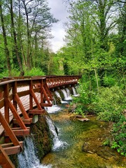 wooden bridge over waterfalls in the forest