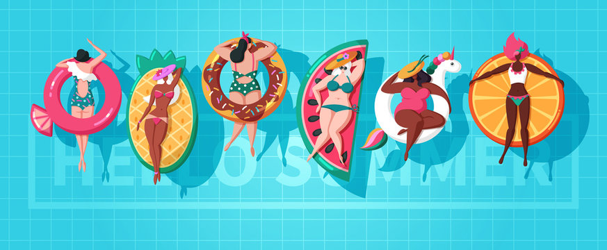 Set of girls sunbathe in pool with various swimming inflatable rings top view. Handsome hot young woman float rubber ring like unicorn, donut, orange or watermelon in water. Hello summer time poster