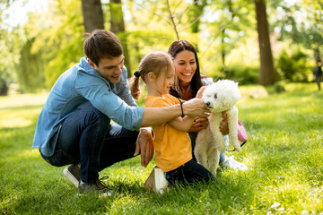 Beautiful happy family is having fun with maltese dog outdoors