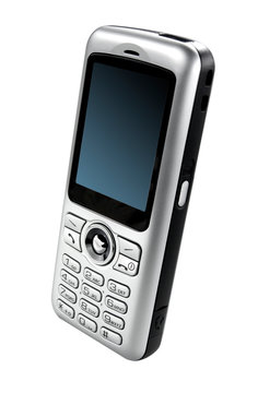 celular antiguo gris metalizado, vintage, sobre fondo blanco. old metallic gray vintage cell phone on white background.