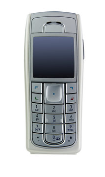 celular antiguo plateado sobre fondo blanco. silver old cell phone on white background.