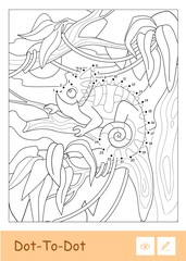 Colorless vector dot-to-dot veiled chameleon sitting on the tree branch in rainforest isolated on white background.