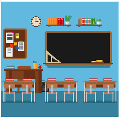 School classroom with chalkboard and desks. Classroom for learning, vector illustration set.