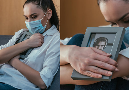collage of depressed young woman grieving while holding photo of boyfriend near chest