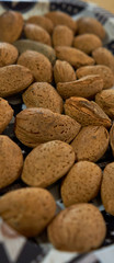 almonds on tray on wooden table
