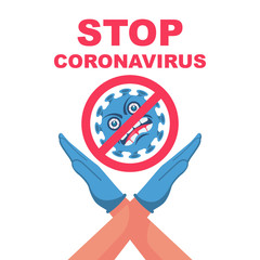 Gesture crossed hands in medical protective gloves. Red icon stop coronavirus concept. Vector illustration flat design. Sign 2019-ncov. Symbol of stopping the disease. Coronavirus pandemic outbreak.