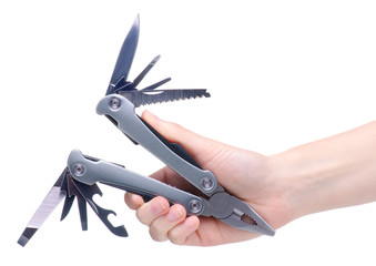 Multitool multi function tool hovers in hand on white background isolation