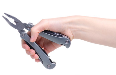 Multitool multi function tool hovers in hand on white background isolation