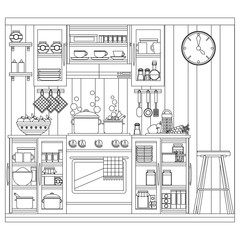 Coloring on the theme of the kitchen interior. Vector illustration coloring book for adults and children.