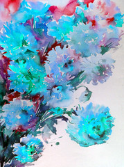 Abstract bright colored decorative background . Floral pattern handmade . Beautiful tender romantic bouquet of summer aster flowers , made in the technique of watercolors from nature.