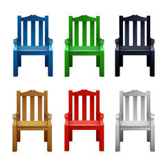 Set of multi-colored colored wooden chairs. Decorative furniture for decoration of the garden, cafe and courtyard
