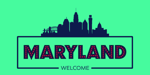 Maryland skyline silhouette flat design typographic vector illustration.
