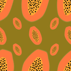 Flat papaya seamless background vector illustration. Pattern for healthy lifestyle design. Scandinavian style. Vegetarian summer backdrop. Kitchen art. Fresh poster.