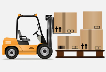 Warehouse equipment. Cargo delivery, storage service, forklift truck. Vector illustration.