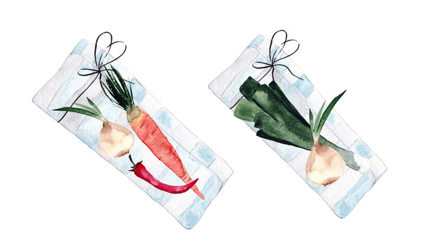 watercolor illustration of vegetables on a napkin, carrot, onion, chili. Food illustration.