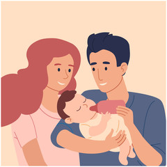 Mom and Dad feed their son from a bottle. Loving couple, honeymooners with a baby in her arms. Vector illustration in a flat style isolated on a beige background. Family,love,motherhood and fatherhood