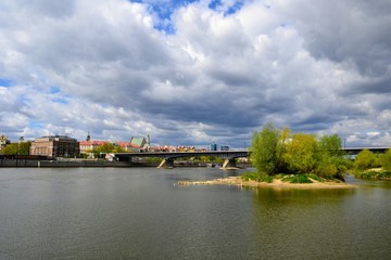 Fototapeta premium Vistula river in Warsaw, Poland. Low water level in the Vistula river. Landscape of the Vistula wild river bank. Drought issue.
