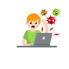 Man at laptop with virus. problem with computer. Online threat. Young angry guy. Account hacking. Cartoon flat illustration. Hacker attack
