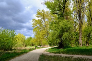 Fototapeta premium Pedestrian and bicycle path along Vistula River in Warsaw town, Poland, Wybrzeze Helskie street. Spring time
