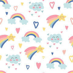 Hand drawn seamless pattern with rainbows, clouds, bright stars and hearts. Cute kids nursery. Sky background. Baby shower. Doodle design for wallpaper, fabric, wrapping, apparel. Vector illustration