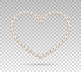 Heart shape frame painting isolated on transparent background. Pearl chains. Realistic white pearls. Beautiful natural heart shaped jewelry. Frame thread of pearls. Pearl necklace. Vector illustration