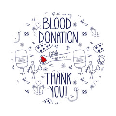 Doodle Blood donation illustration. Vector Thank you page website template. Lifesaver campaign graphic design. Site design with pattern background.