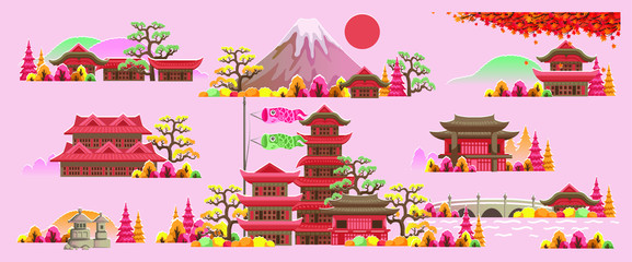 Fototapeta premium Japan style building. Beautiful houses and temples in Japan style. Panorama of the building. Autumn scenery. The scenery of japan during the fall season. Posters and postcards japanese for tourism.