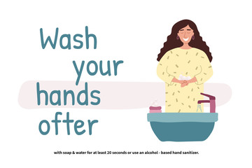 Woman washing hands. Perspective young girl standing at the wash basin. Clean hands. Daily Personal Care. Covid-19 prevention. Vector illustration in flat cartoon style.