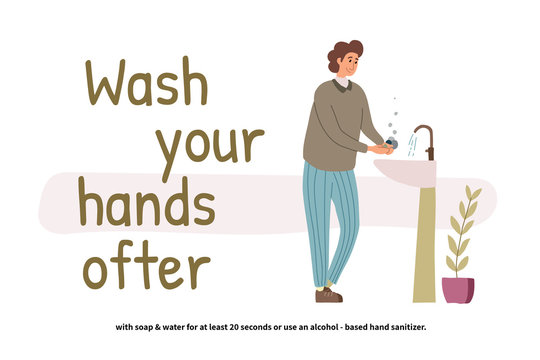 Man washing hands. Perspective young boy standing at the wash basin. Clean hands. Daily Personal Care. Covid-19 prevention. Vector illustration in flat cartoon style.
