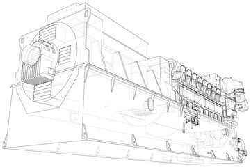 High voltage industrial standby dieasel generator at a power generation. The layers of visible and invisible lines are separated. EPS10 format. Wire-frame.