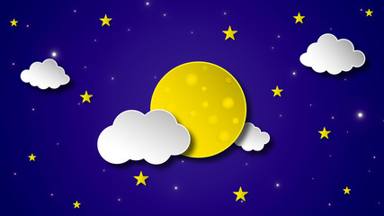 Paper art style Night sky with full moon ,stars and clouds on 3d space background. 3d rendering, 3d illustration.
