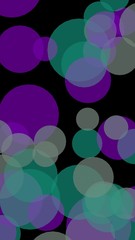 Multicolored translucent circles on a dark background. Green tones. 3D illustration