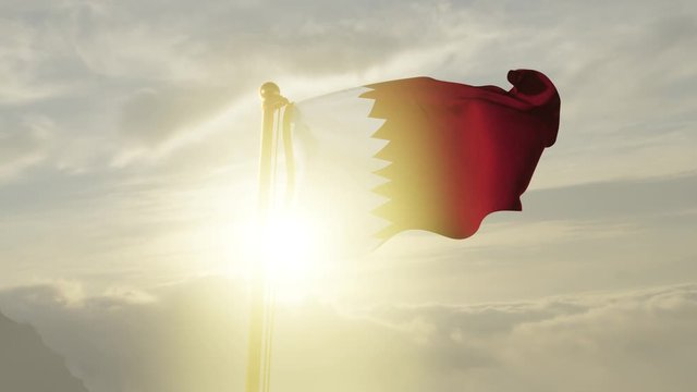 Flag of Qatar Waving in the wind, Sky and Sun Background, Slow Motion, Realistic Animation, 4K UHD 60 FPS Slow-Motion