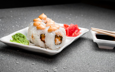 Smoked chicken rolls and tender sauce. White glass dishes. Photo for the menu