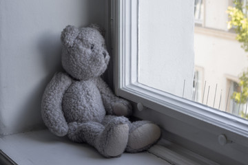 Teddy bear looking sadly at the street