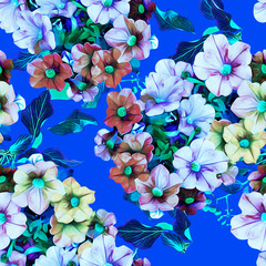 Petunia flowers, watercolor illustration, seamless pattern.