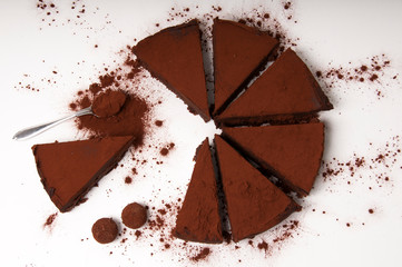 chocolate truffle cake with white background 