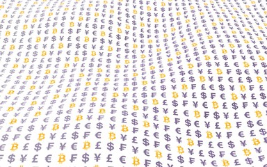 Bitcoin and currency on a white background. Digital crypto currency symbol. Wave effect, currency market fluctuations. Business concept. 3D illustration