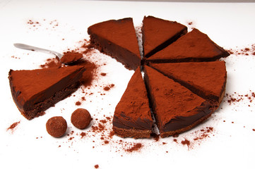 chocolate truffle cake with white background 