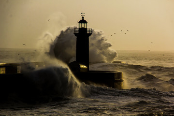 Entry of Douro River harbor on big stormy waves
