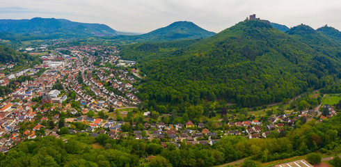 Fototapeta na wymiar Aerial view of the city Annweiler in Rhineland-Palatinate in spring on a sunny day